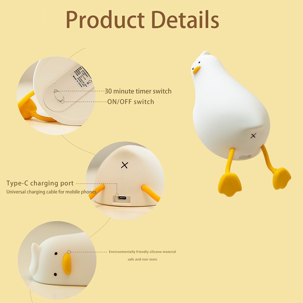Cute Lying Flat Duck Night Light, 3 Level Dimmable Nursery Nightlight, Kawaii Lamps Squishy Silicone Light Up Duck, Rechargeable Touch…