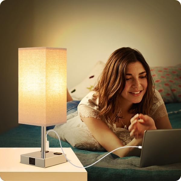 aooshine Beige Set of 2 Touch Lamp with USB Port-Nightstand Lamp with USB-C+A Charge Ports& AC Outlets, 3-Way Dimmable Bedside Lamp with…