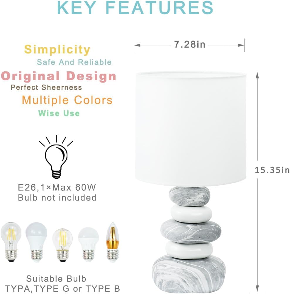 Stoney Ceramic Table Lamp for Living Room as Modern Kids Night Bedside Table Lamp for Bedroom, Φ7.09×H13.58IN, Bulb Excluded, Grey Marble