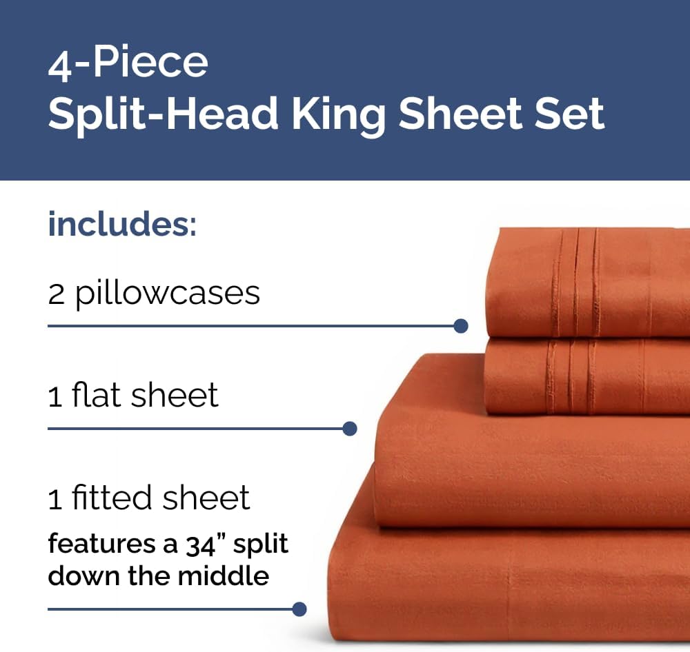 Flex Top Split Head King 4 Piece Sheet Set - Ultra-Soft, Breathable & Cooling Bed Sheets Set - Hotel Luxury Bedding for Women & Men with…