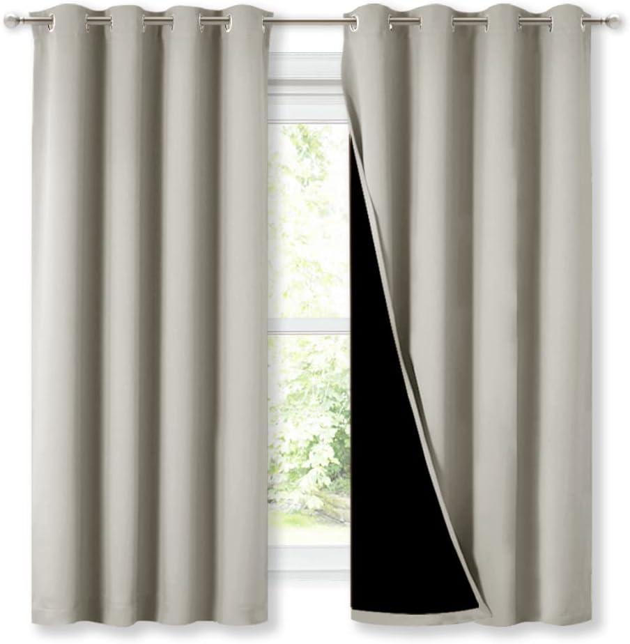 Nicetown Extra Long Truly Blackout Drapes for Hall and Villa, 46-inch Width Each Panel, 45-inch Length, Natural, 2 Pieces, 100% Blackout Wi…