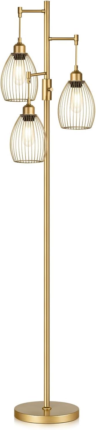 Dimmable Floor Lamp, Industrial Floor Lamps for Living Room, Gold Tree Lamp Standing Lamp Tall Lamps with 3 Elegant Teardrop Cage Head &…