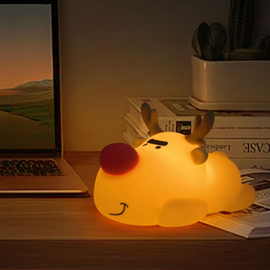 Reindeer Night Light, Soft Squishy Silicone Kids Nightlight, 3 Level Dimmable Touch Lamp with Timer, 1200mAh USB Rechargeable Baby…