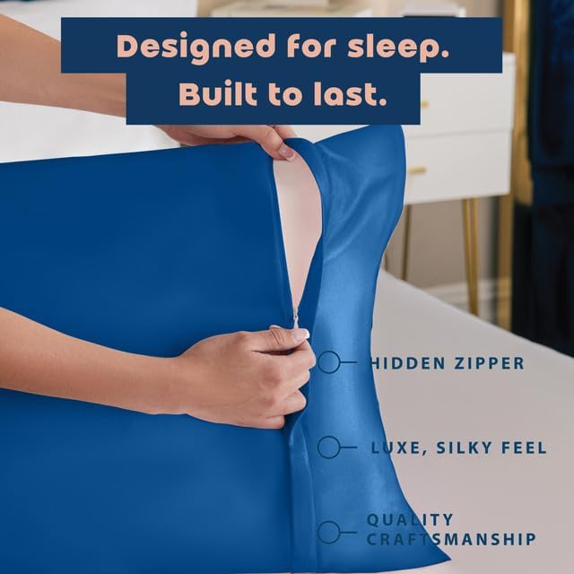 Blissford Royal Blue Satin Pillowcase with Zipper, for Hair and fabric comfort, Feels Soft and Cool Like a Silk Pillowcase, Satin Pillow…
