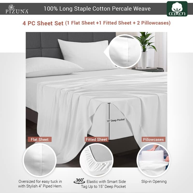 Pizuna 100% Cotton King Sheets Set - Crisp, Breathable Percale Weave Bed Sheets - Fully Elasticized 15" Deep Pocket Cooling Sheet - Long St…