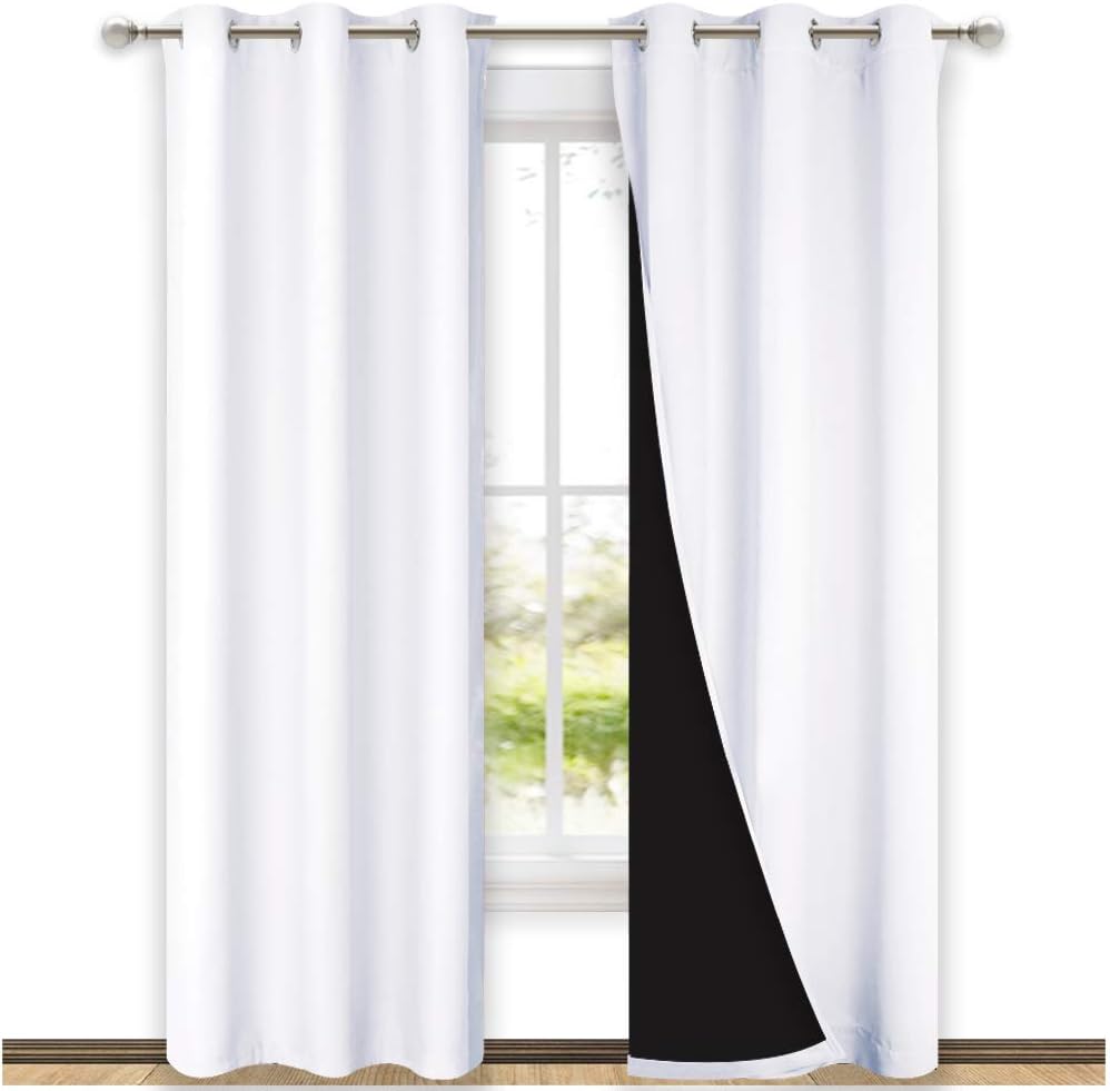 Nicetown White Blackout Curtains 84 inches Long, Full Light Blocking Drapes with Black Liner for Nursery, Thermal Insulated Draperies for H…