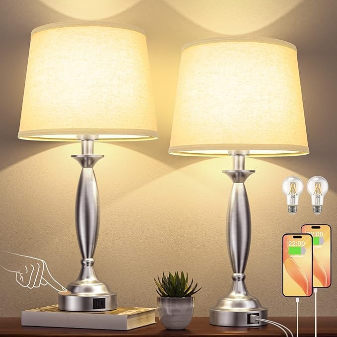 Seealle Beige Lamps for Bedrooms Set of 2 - Touch Control Bedside Lamp with USB C+A, 3 Way Dimmable Nightstand Lamps with USB Port, Table…