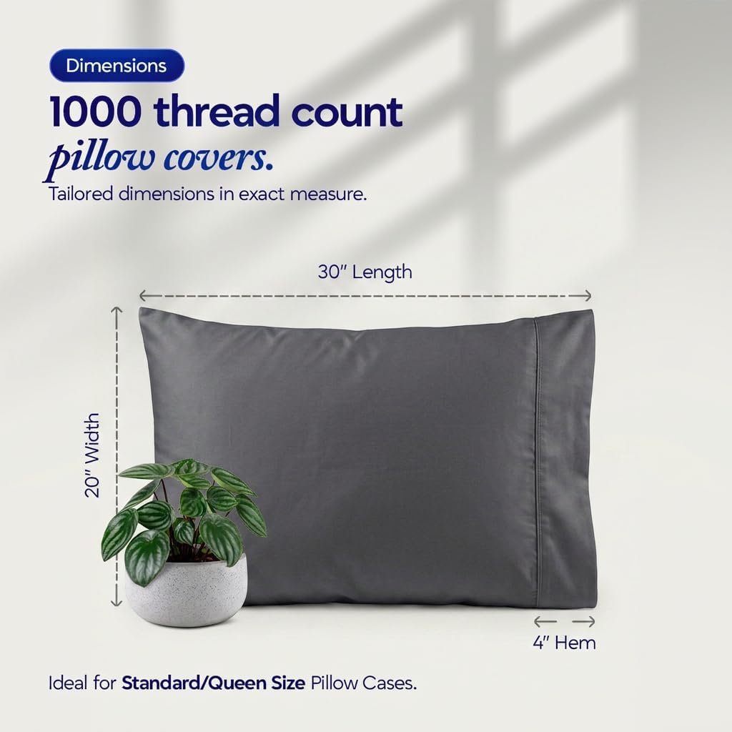 1000 TC Pillowcases Set of 2 100% Egyptian Cotton Pillow Cases with Long Staple Cotton & Sateen Weave, Silky Soft Hotel Like Bed Pillow…