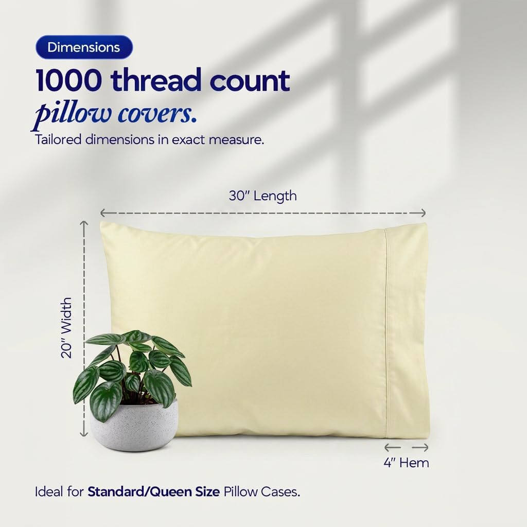 1000 TC Pillowcases Set of 4 100% Egyptian Cotton Pillow Cases with Long Staple Cotton & Sateen Weave, Silky Soft Hotel Like Bed Pillow…