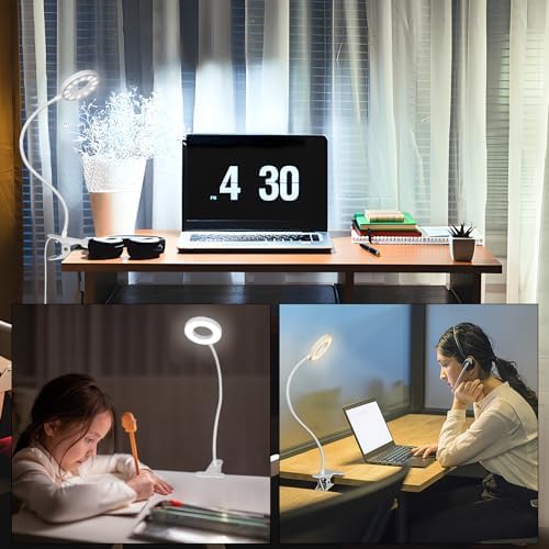Woputne Desk Clip on Lamp for Reading Home Office, with 5V 2A Adapter, 10 Dimmable Brightness 3 Modes, Clamp Reading Light for Bed Headboar…