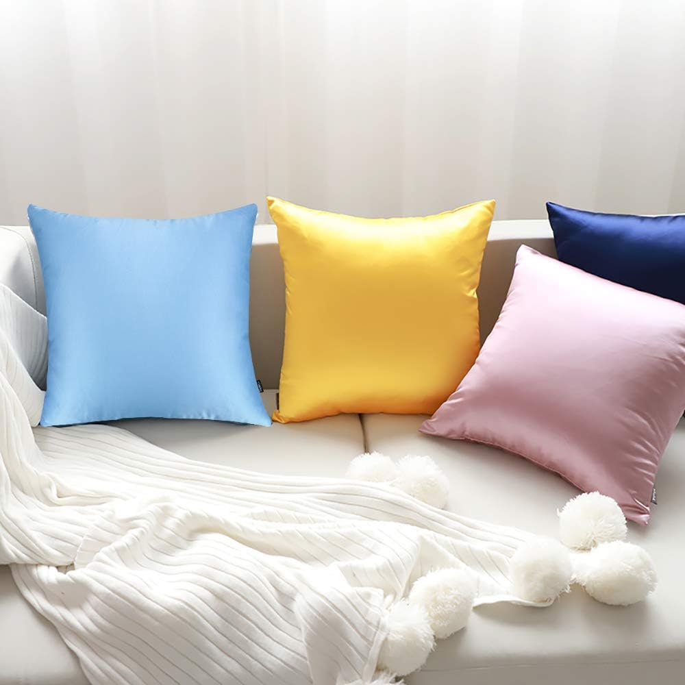 Faylapa 4 Pack Satin Throw Pillow Cases, Sky Blue Heavy Silk Satin Decorative Pillow Covers Solid Dyed Soft Pillow Cover Home Decor,20" x…