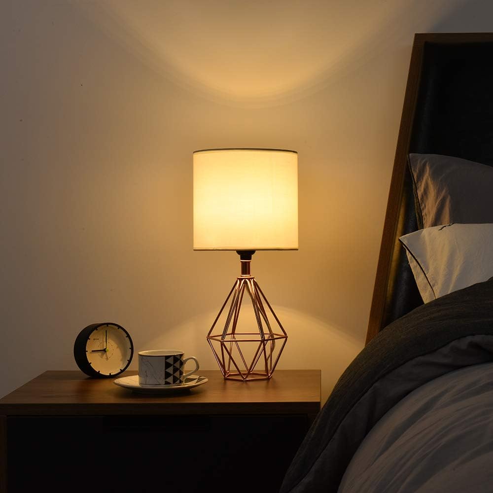 Rose Gold Bedside Table Lamp, Modern Small Desk Lamp with TC Fabric Shade Geometric Metal Base for Kids Living Room Bedroom Nightstand