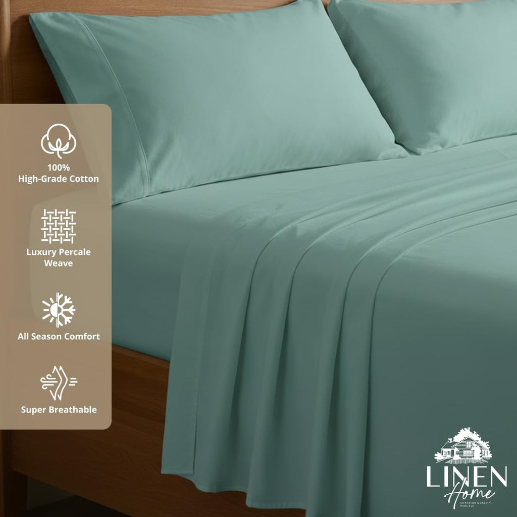 Linen Home 100% Cotton Percale Sheets Twin Size, Aqua Blue, Deep Pocket, 3 Pieces Set - 1 Flat, 1 Deep Pocket Fitted Sheet and 1…