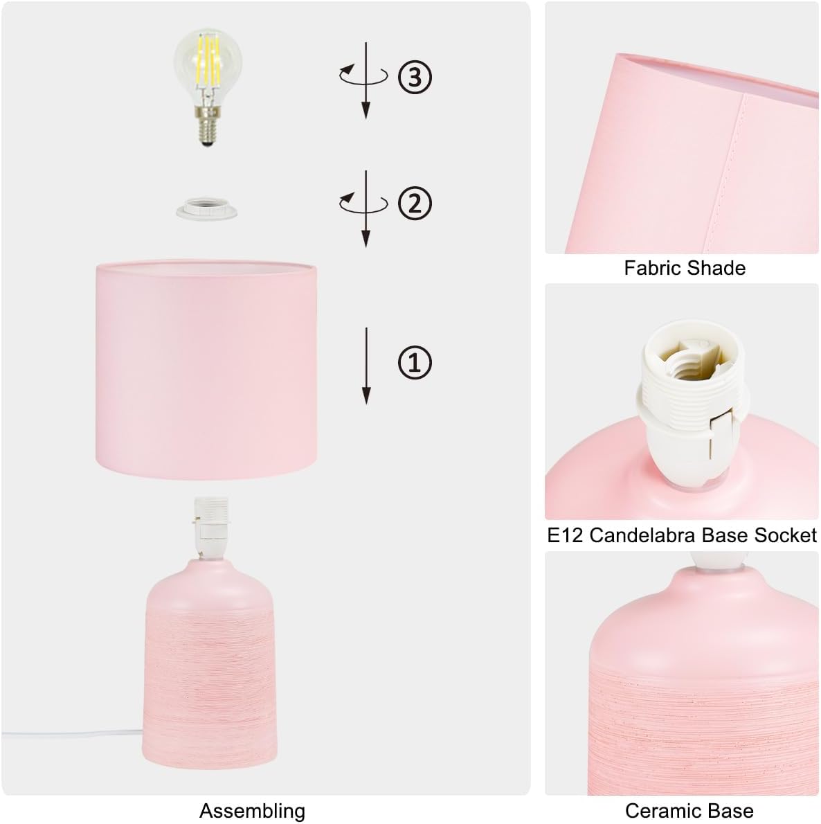 Maye Small Ceramic Table Lamp for Living Room and Bedroom, Modern Kids Night Table Lamp, Φ6.3×H13IN, Bulb Excluded, Light Pink