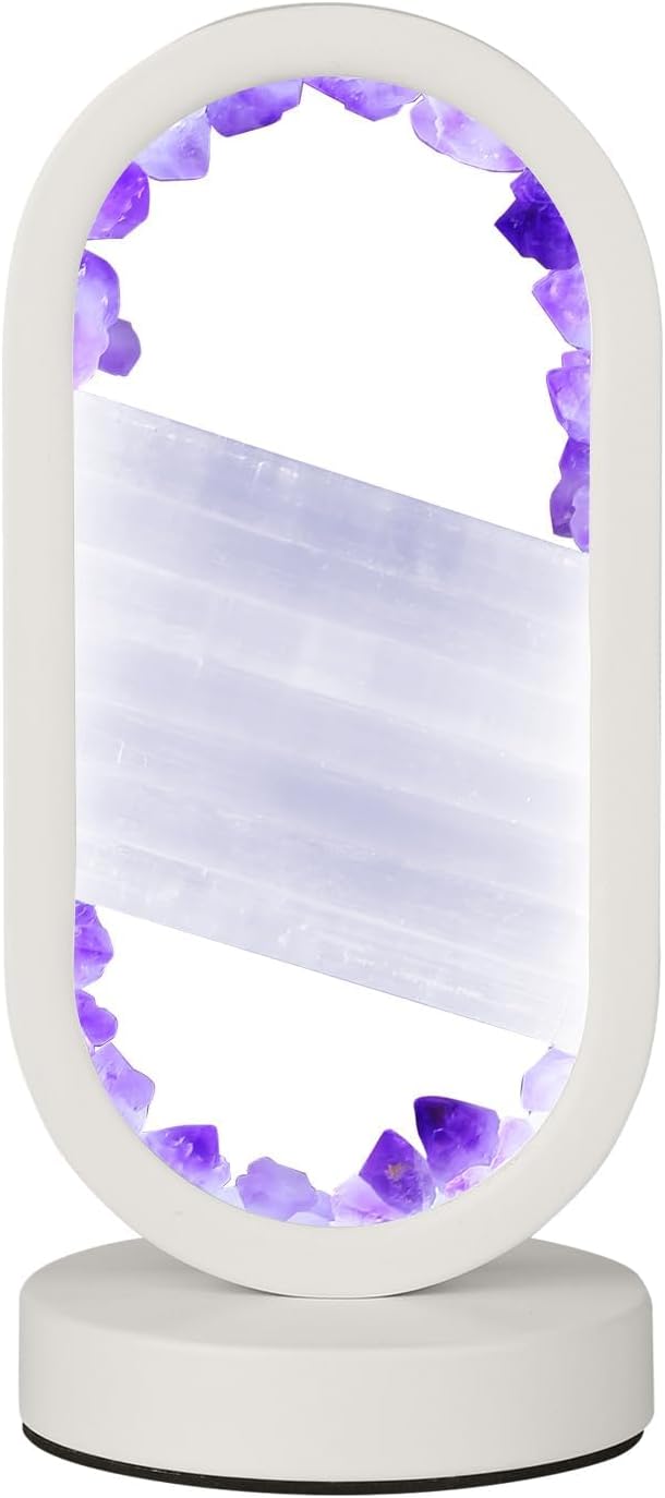 Natural Amethyst and Selenite Crystal Healing Night Table Lamp –3-Color Dimmable Mood Lighting for Meditation Relaxation and Restful…