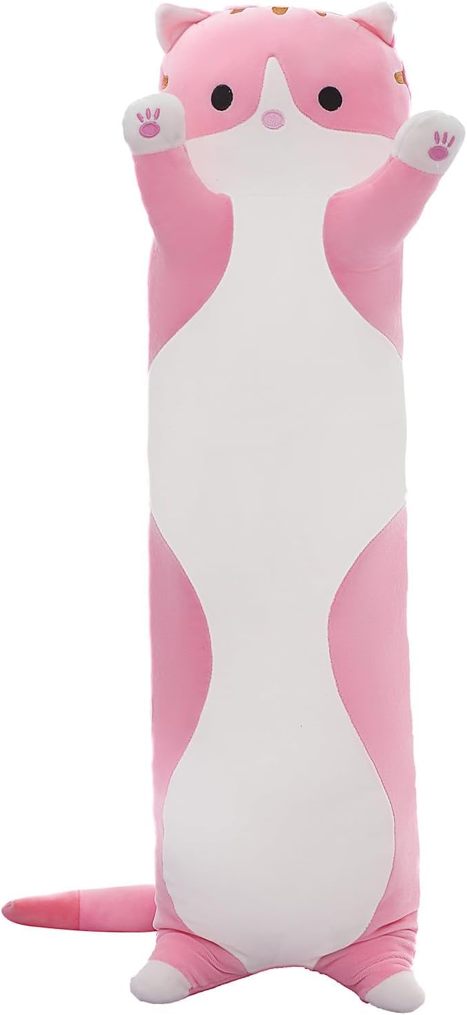 Shinuoer Cute Cat Plush Long Body Pillow – Soft Cartoon Stuffed Animal Doll, Kawaii Cat Plushie Cuddle Toy for Kids, Girls & Girlfriend (Pi…