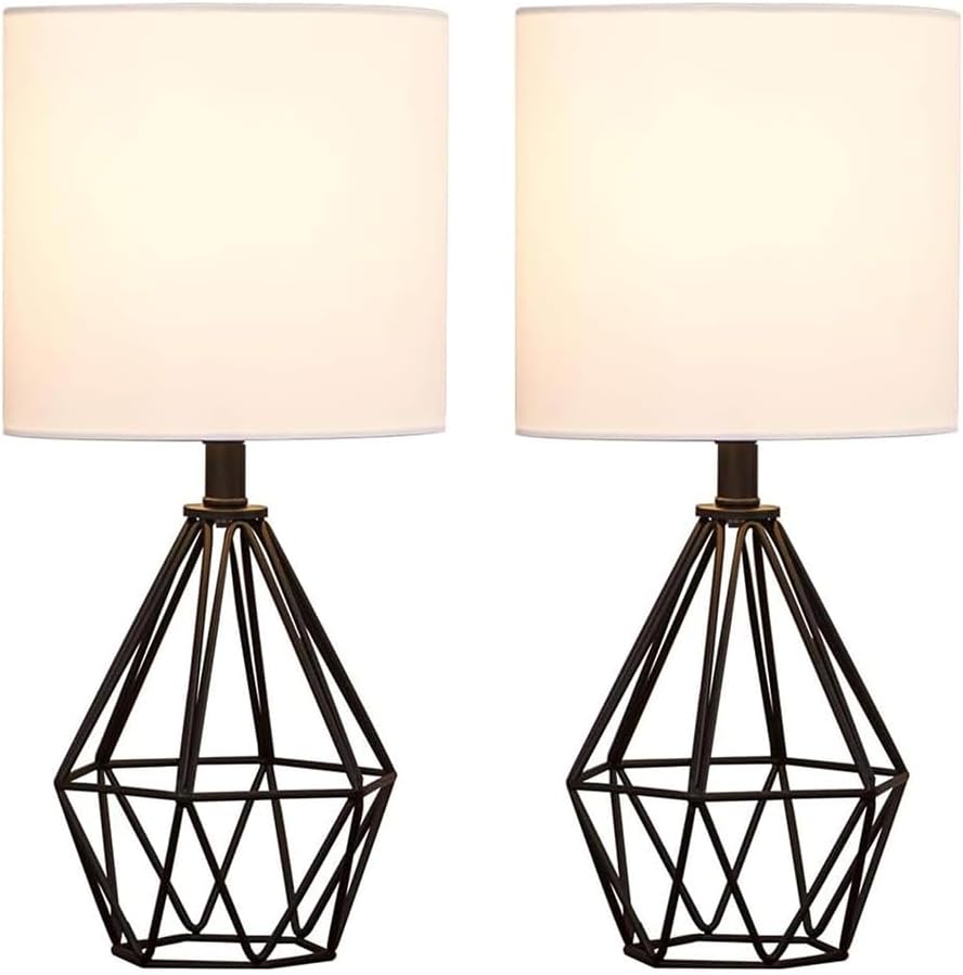 Black Bedside Table Lamps Set of 2, Small Nightstand Lamps for Bedroom, Modern Desk Lamps with TC Fabric Shade Geometric Metal Base for…