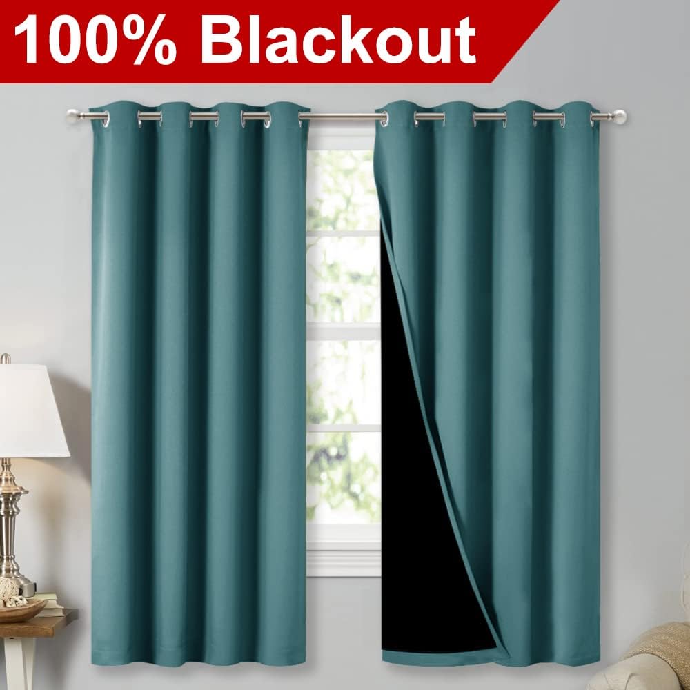 Nicetown 100% Blackout Blinds, Set of 2, 46" x 45", Sea Teal, Laundry Room Decor Window Treatment Curtains for Large Patio Sliding Door, Th…