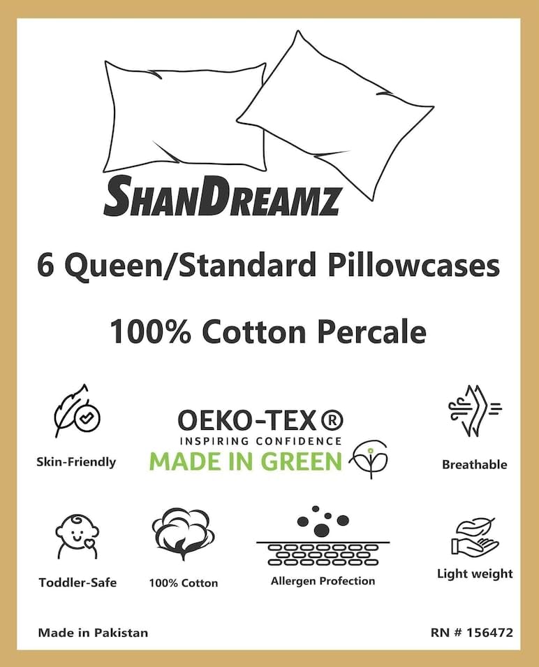 100% Cotton Percale Pillowcases, 6 Pack Pillow Cases, Soft & Breathable Pillow Covers, Light Weight Fabric, Smooth Airy Weave, for Her or…