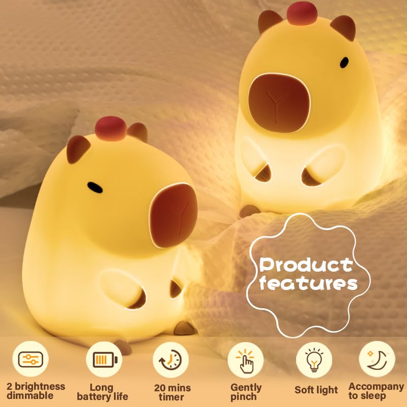 Led Cute Capybara Night Light, Dimmable Nursery Kawaii Lamps, Super Squishy Silicone USB Rechargeable Touch Control Night Lamp for Kids…