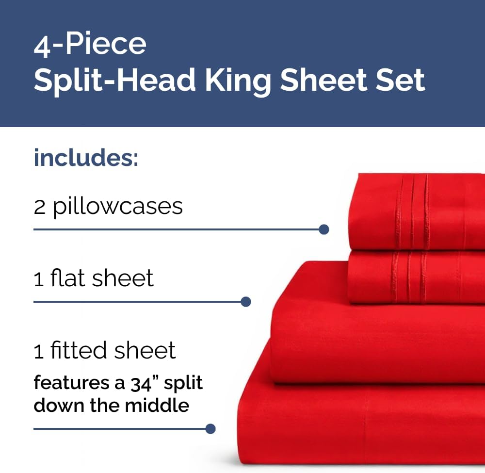 Flex Top Split Head King 4 Piece Sheet Set - Ultra-Soft, Breathable & Cooling Bed Sheets Set - Hotel Luxury Bedding for Women & Men with…