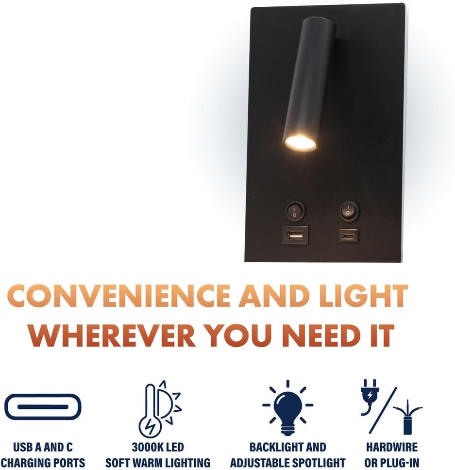 Newhouse Lighting 5 in. W x 9 in. L Vera Spotlight Reading Light in Matte Black with USB-A and USB-C Charging Ports NHRL-VE-BLK, Bedside…