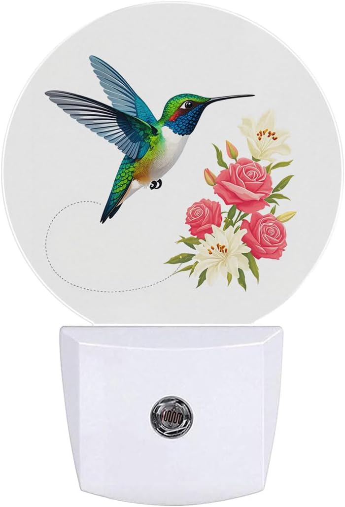 Hummingbird Flower Bird Night Light Plug Into Wall Auto Led Sleep Round Lamp for Living Room Hallway Stairs
