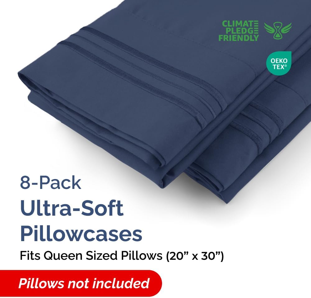 Queen Pillow Cases Set of 8 - Ultra Soft Hotel Quality Pillowcase Covers - Comfy, Cozy & Wrinkle Free - Shrink, Stain and Fade Resistant…