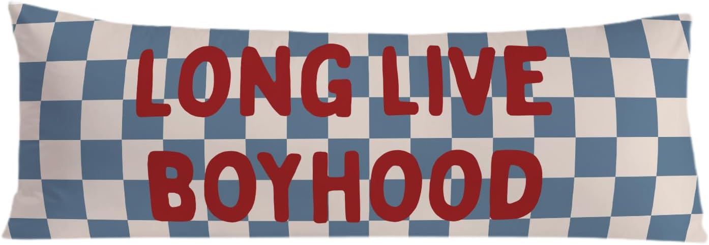 Long Live Boyhood 20x54 Body Pillow Cover for Boys Room Nursery, Boy Nursery Decor, Kids Playroom Decor, Retro Blue and White Checkered…