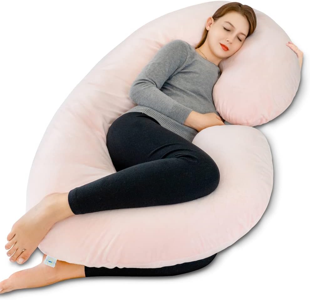INSEN Pregnancy Pillow, Maternity Body Pillow with Velvet Cover, C Shaped Body Pillow for Sleeping, Warm Pink