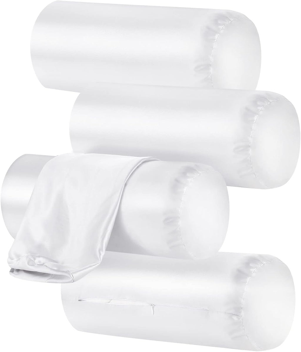 Remerry 4 Pack 17 x 7 Inches White Neck Roll Pillow Case Cover Only Round Bolster Cervical Roll Satin Cylinder Pillow Case Cover with Zippe…