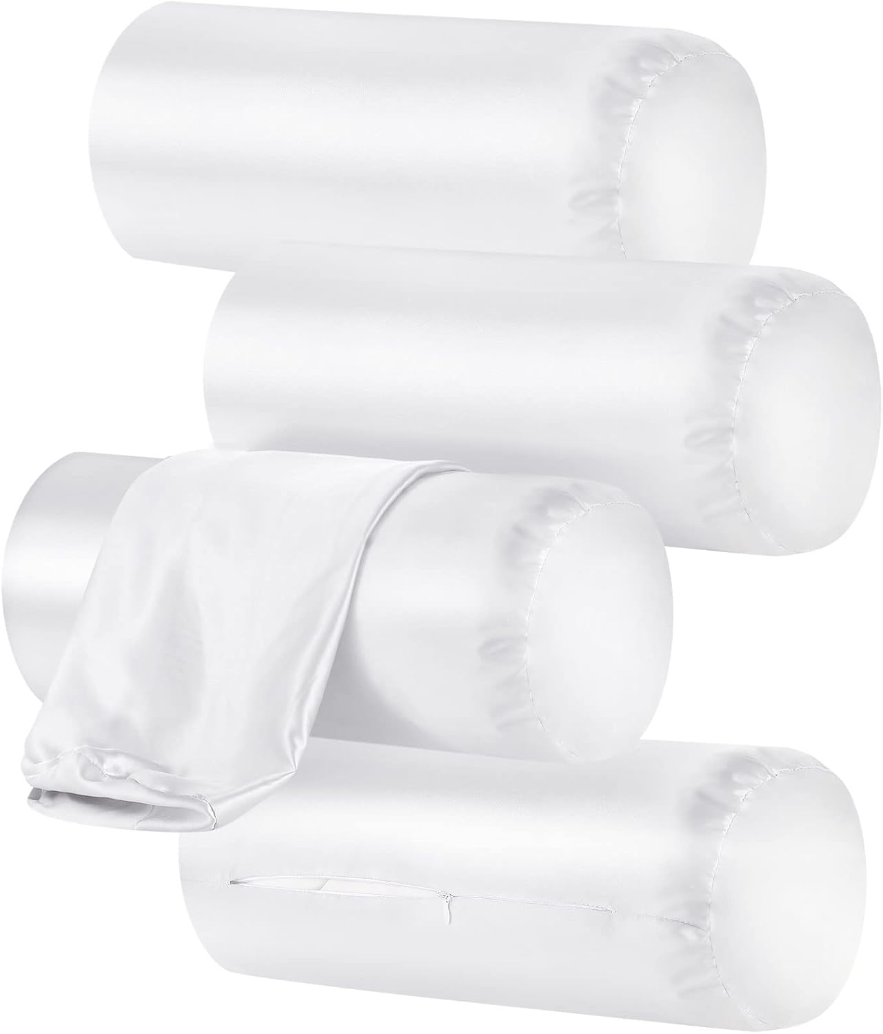 Remerry 4 Pack 14 x 6 Inches White Neck Roll Pillow Case Cover Only Round Bolster Cervical Roll Satin Cylinder Pillow Case Cover with Zippe…