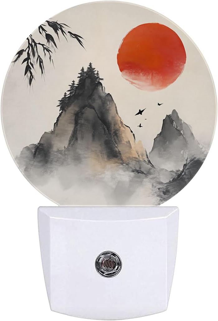 Chinese Landscape Painting Mountain Sunset Night Light Plug-in Sleep Lamp Led Dusk to Dawn Night Light for Bedroom