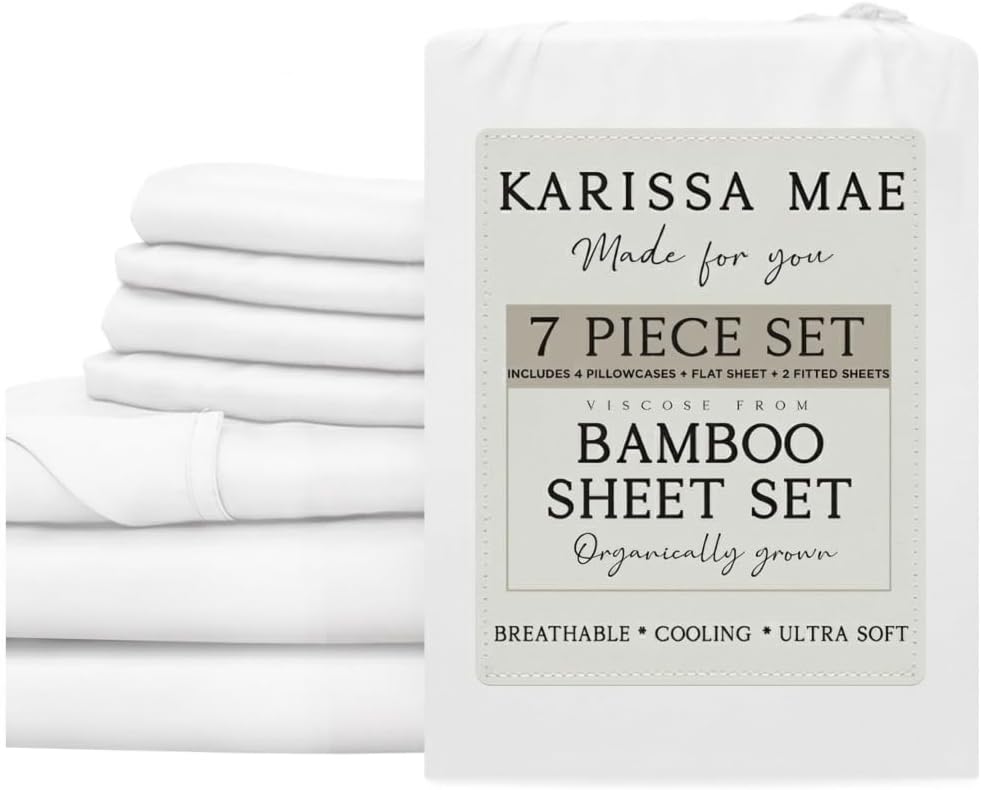 KARISSA MAE 7 Piece Pure Viscose from Bamboo Split King Size Sheet Set | 100% FSC Certified | Luxuriously Soft | Cooling | 18" Deep…
