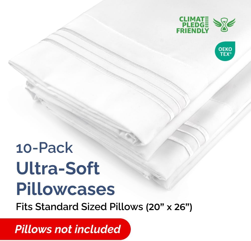 Standard Pillow Cases Set of 10 - Ultra Soft Hotel Quality Pillowcase Covers - Comfy, Cozy & Wrinkle Free - Shrink, Stain and Fade…