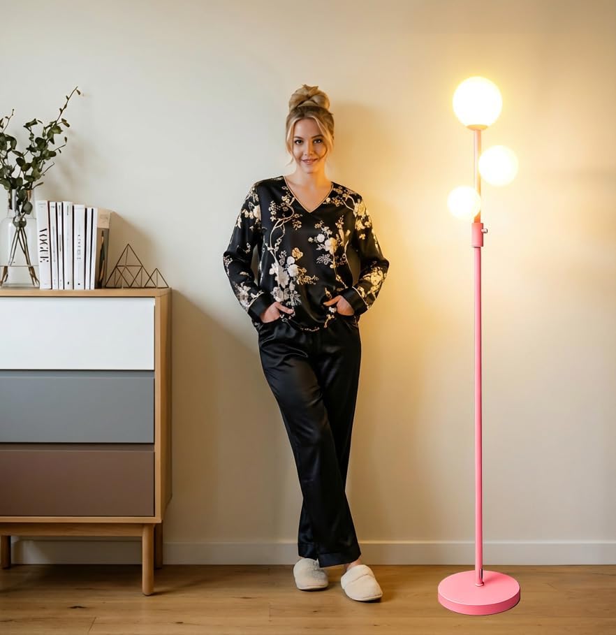 Fiqevs Modern Pink Globe Floor Lamp with Frosted Glass Shade and LED Bulbs, Dimmable Elegant Standing Lamp with Foot Pedal, Tall Pole Lamp…