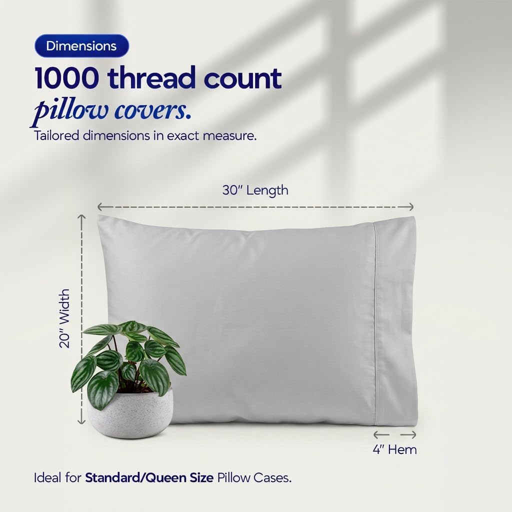 1000 TC Pillowcases Set of 2 100% Egyptian Cotton Pillow Cases with Long Staple Cotton & Sateen Weave, Silky Soft Hotel Like Bed Pillow…