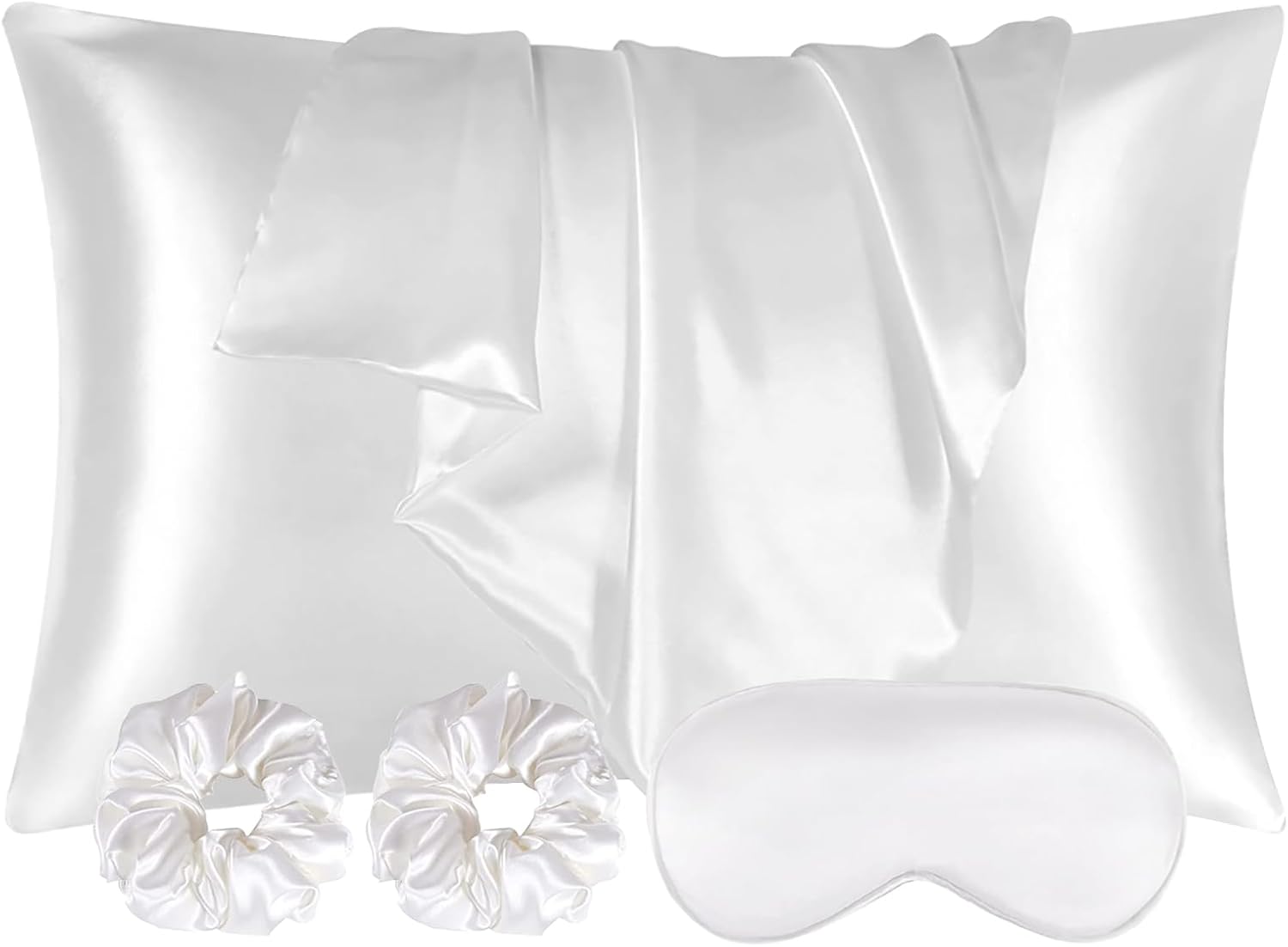 Auauy 2 Pack Satin Silk Pillowcase, 19.69x29.53inches Silk Pillowcases for Hair and Skin with 2PCS Satin Hair Scrunchies&Eye Mask, Soft Sli…