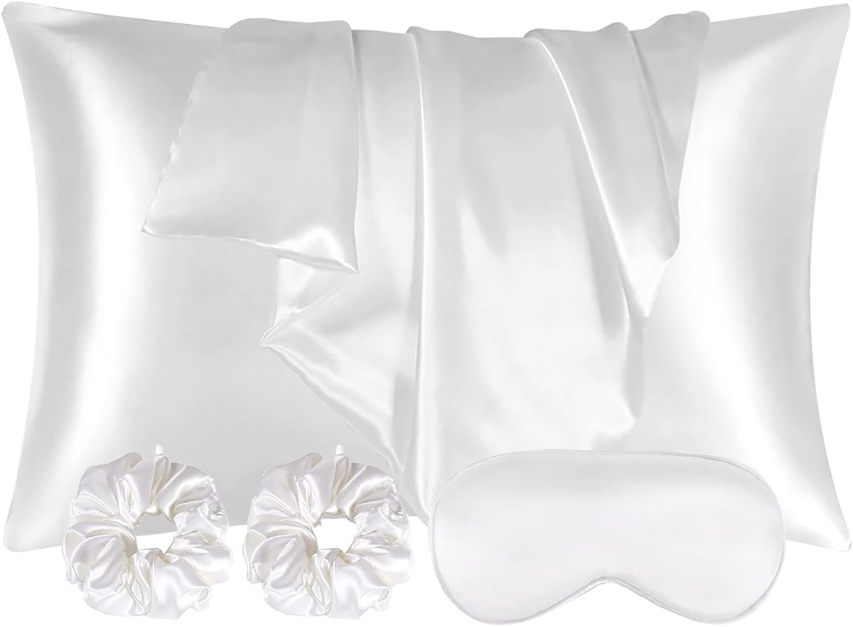 Auauy 2 Pack Satin Silk Pillowcase, 15.75x31.50inches Silk Pillowcases for Hair and Skin with 2PCS Satin Hair Scrunchies&Eye Mask, Soft Sli…