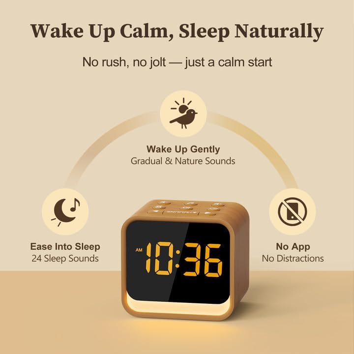 Housbay Wooden Sound Machine Alarm Clock for Bedrooms - Gentle Wake-Up with Birdsong, White Noise for Sleeping, Small Digital Clock for…