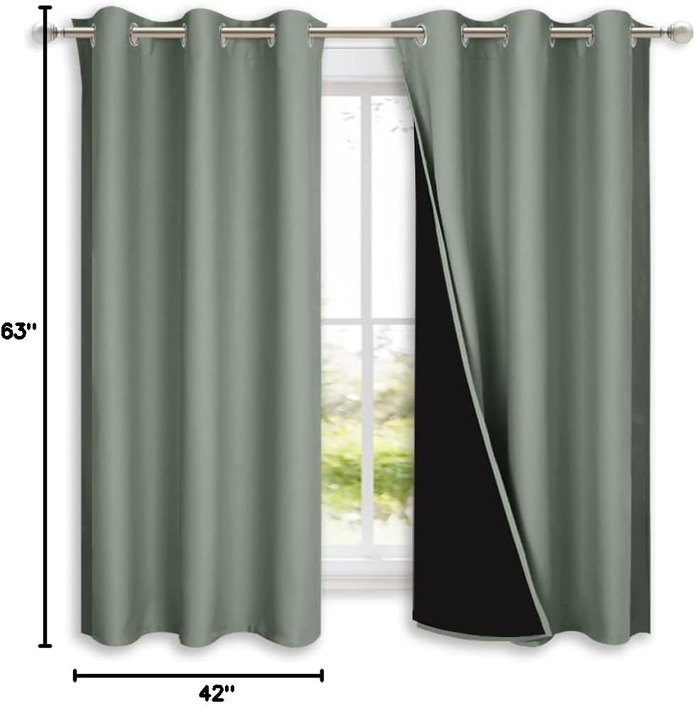 Nicetown Greyish Green 100% Blackout Lined Curtains, 2 Thick Layers Completely Blackout Window Treatment Panels Thermal Insulated Drapes fo…