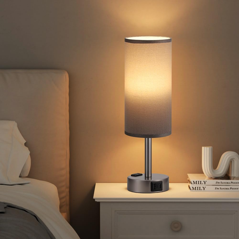 Fenmzee Grey Bedside Table Lamp for Bedroom - 3 Way Dimmable Touch Lamp USB C Charging Ports and AC Outlet, Small Lamp for Living Room…