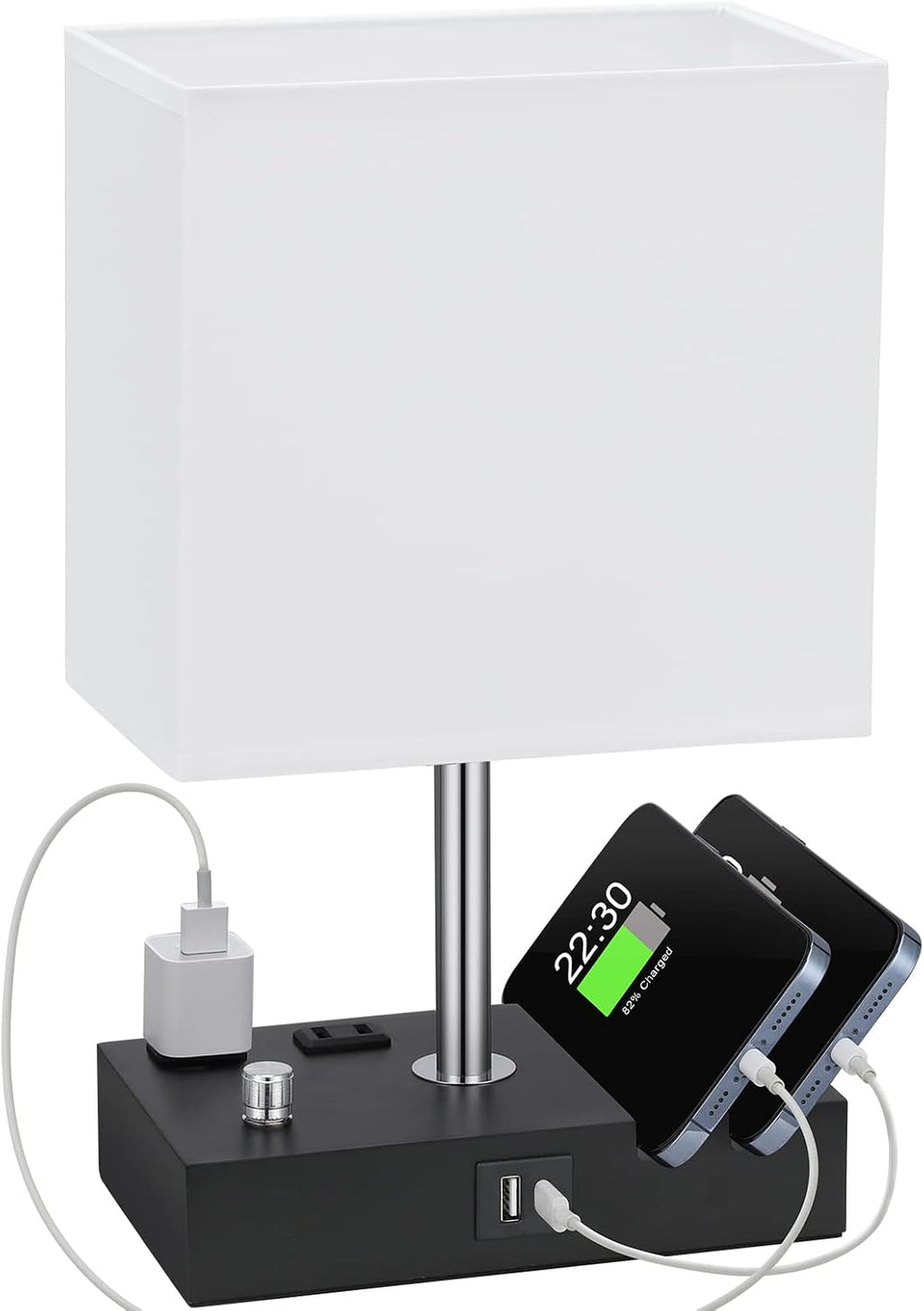 Kakanuo Table Lamp for Bedroom with Dual USB Ports, White Fully Dimmable Bedside Lamp with Phone Stands and 2 Charging Outlets, Desk Lamp…