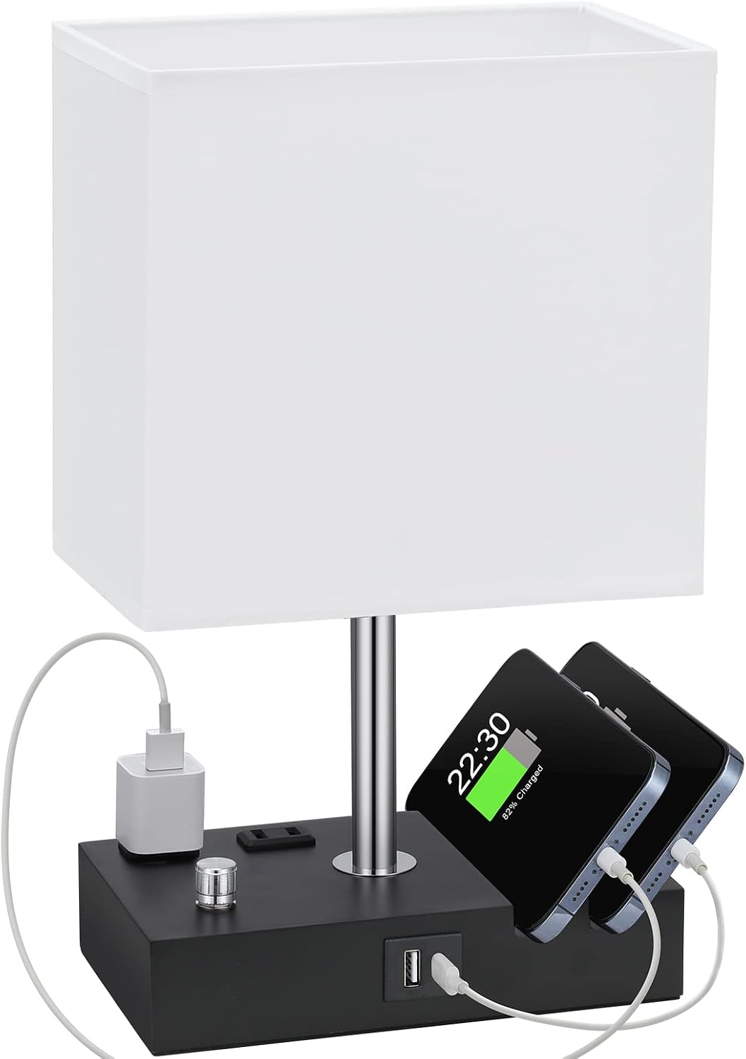 Kakanuo Table Lamp for Bedroom with Dual USB Ports, White Fully Dimmable Bedside Lamp with Phone Stands and 2 Charging Outlets, Desk Lamp…