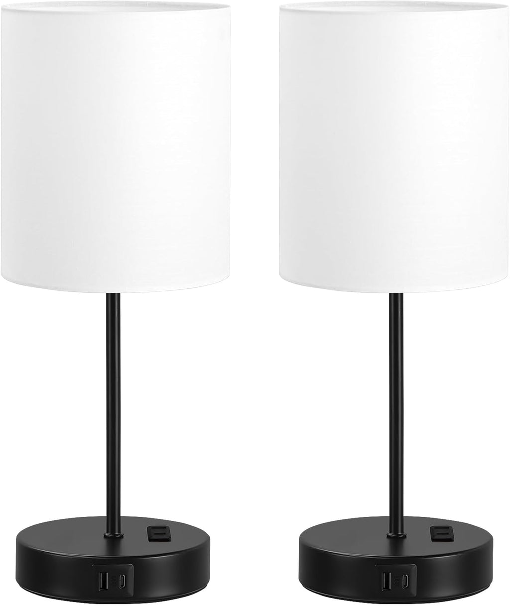 Fenmzeelighting White and Black Lamps for Nightstand Set of 2 - Bedside Table Lamp for Bedroom with Dual USB Ports & AC Outlet, 3-Way Dimma…