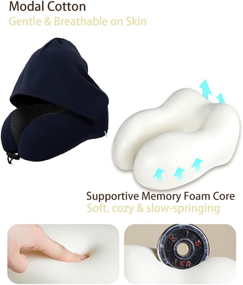 Neck Pillow with Blackout Hood, Travel Pillow for Airplane, Ergonomic Memory Foam, Adjustable Buckle Strap, Breathable & Detachable Modal…