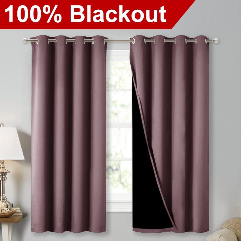 Nicetown 100% Blackout Curtains with Black Liners, Thermal Insulated Full Blackout 2-Layer Lined Drapes, Energy Efficiency Window Draperies…