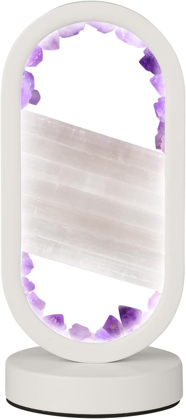Natural Amethyst and Selenite Crystal Healing Night Table Lamp –3-Color Dimmable Mood Lighting for Meditation Relaxation and Restful…
