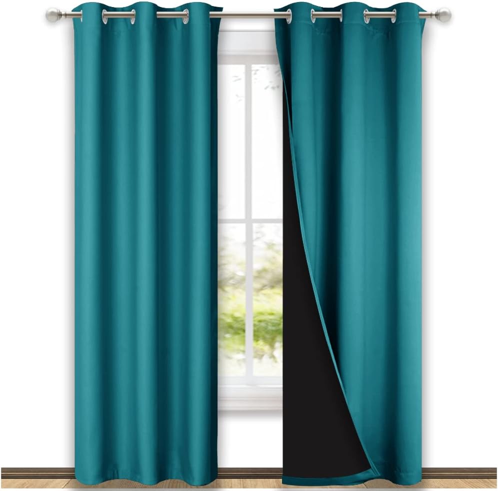 Nicetown Peacock Teal Blackout Curtains 84 inches Long, Full Light Blocking Drapes with Black Liner for Nursery, Thermal Insulated Draperie…