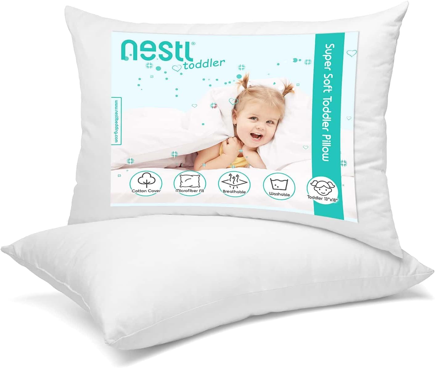 Nestl 2 Pack Toddler Pillow for Sleeping 13 x 18, Small Kids Pillow for Travel, Car, School, Nap, & Toddler Bed, Machine Washable Soft Cott…